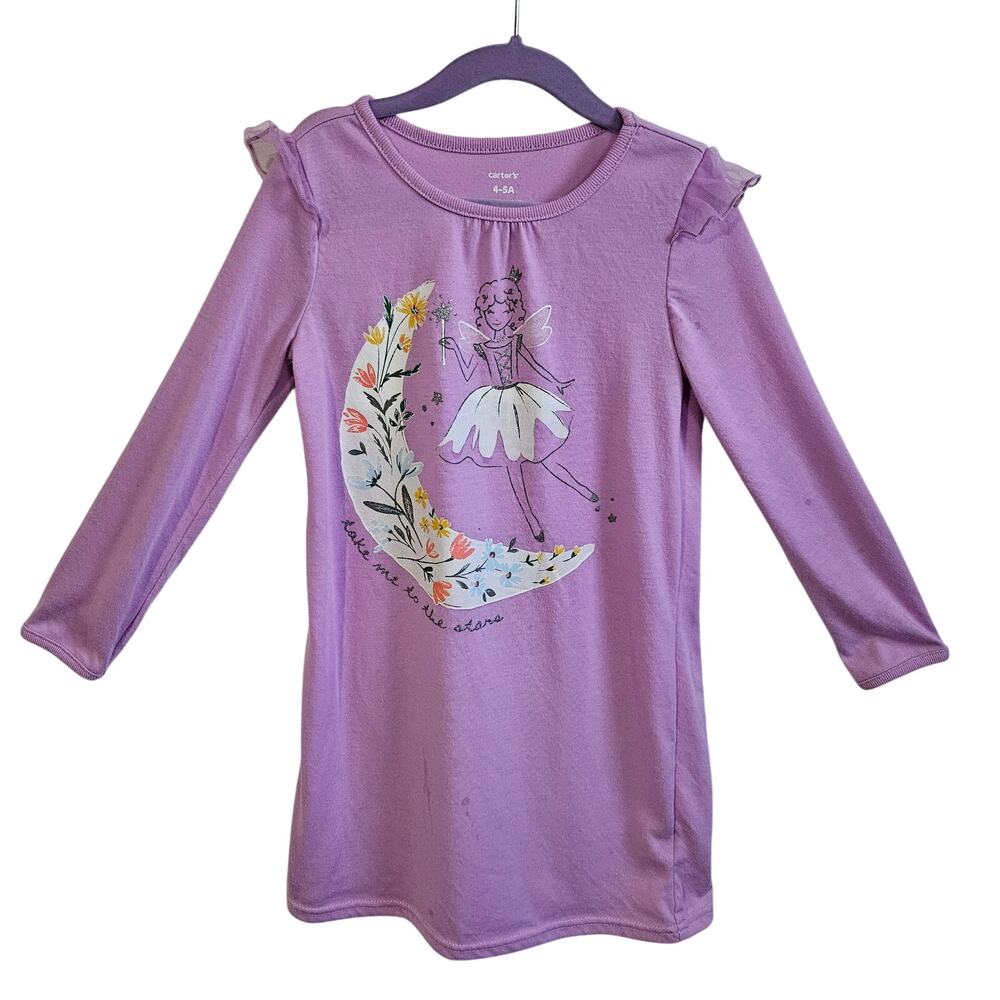 Carter's Girls Size 4-5A Long Sleeve Nightgown Pajamas Pastel Purple Moon Print